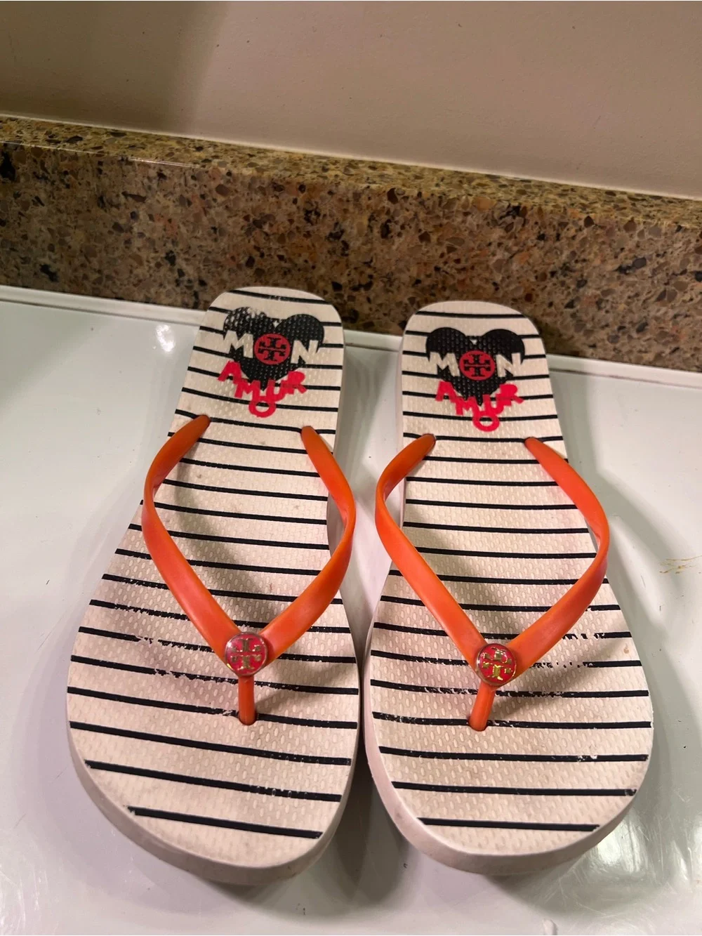 Tory Burch Orange-Strap Striped 'Mon Amour' Flip Flops Women’s Size 10